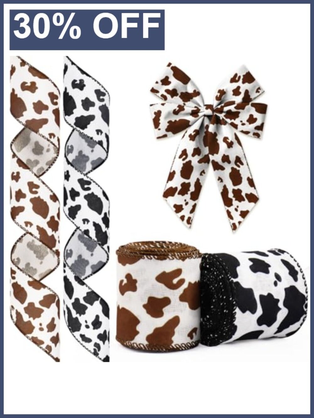 2 Rolls Cow Print Wired Ribbon 2.5" x 10 Yard Polyester Gift Wrapping Craft